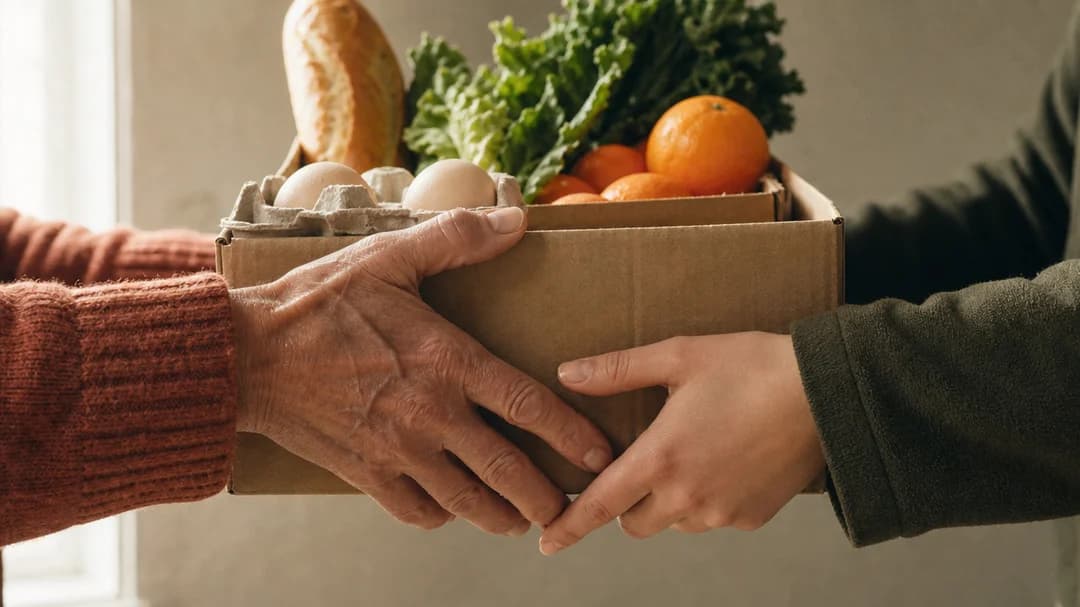 Hands passing a box of fresh groceries