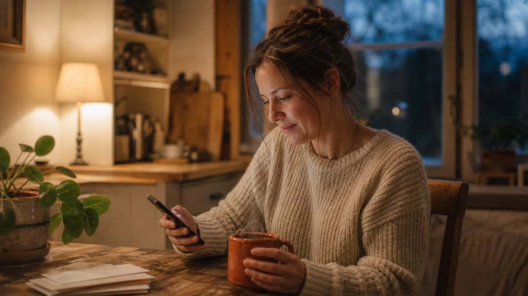 A person at a kitchen table choosing causes on their phone