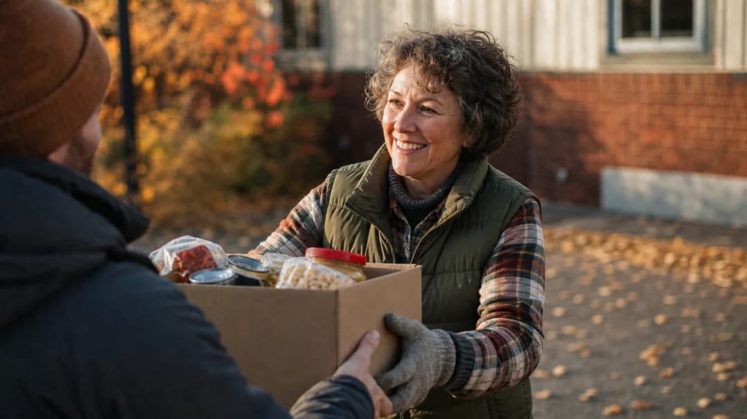 A volunteer receiving a donation box at a community drop-off